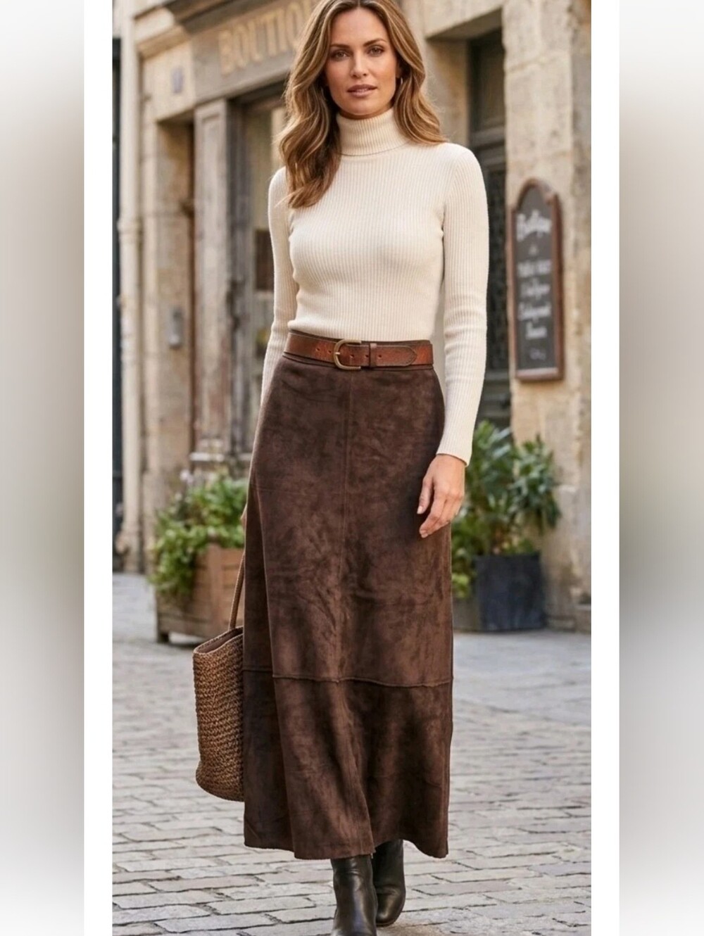 Vintage Naf Naf Suede Leather Maxi Skirt Brown Paneled Parisian Western Lined S